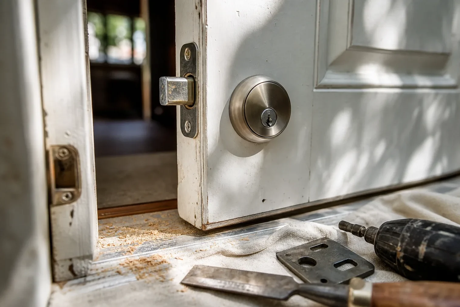 New deadbolt being installed in a front door