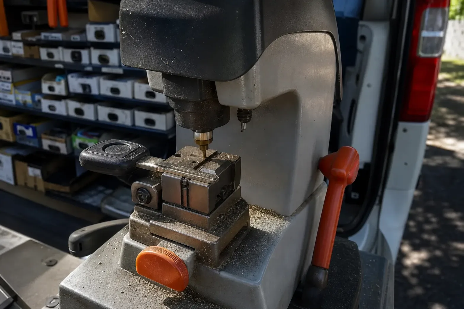 Key cutting machine in the service van