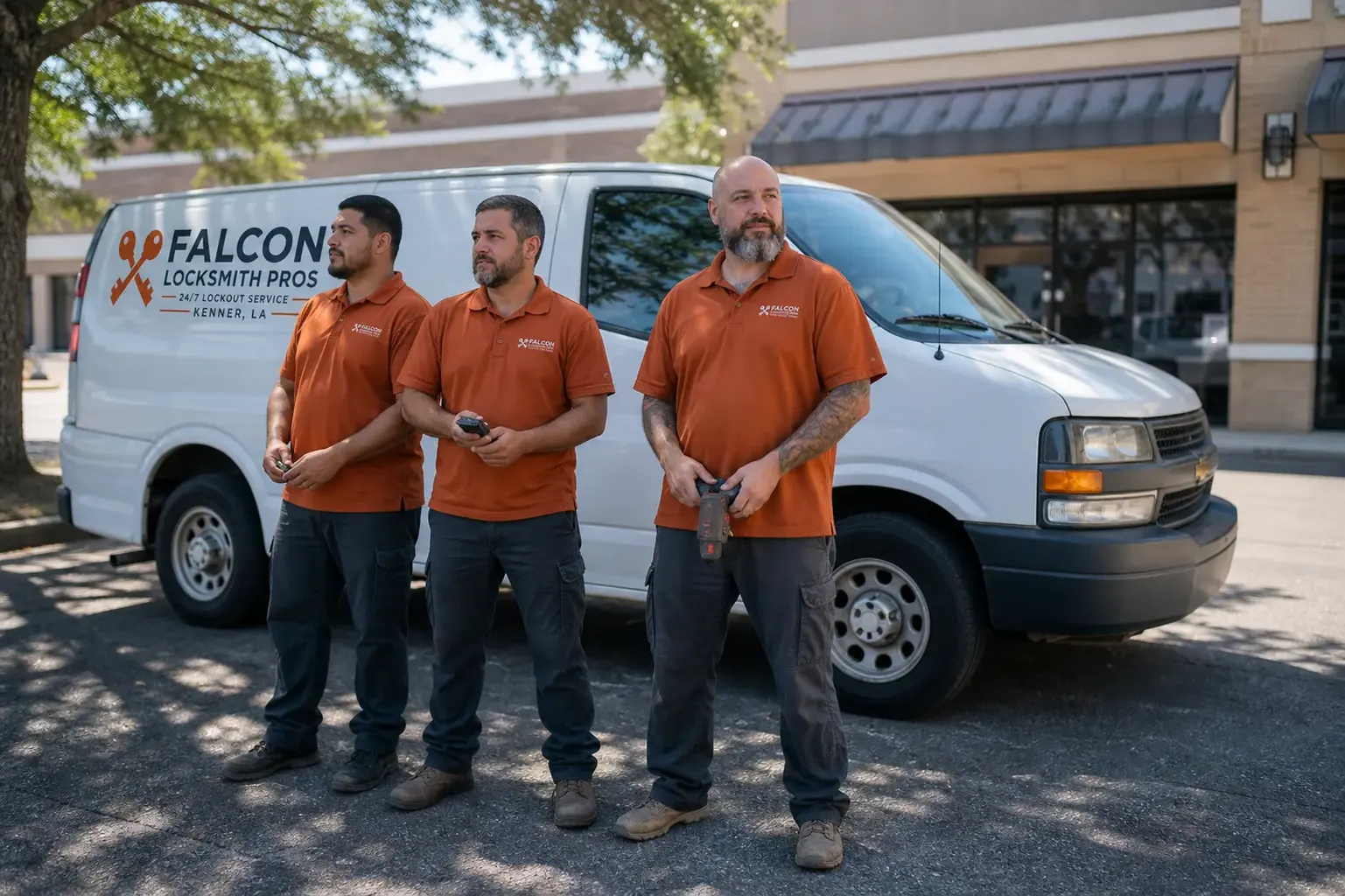 Falcon Locksmith Pros locksmith technicians and the service van in Kenner