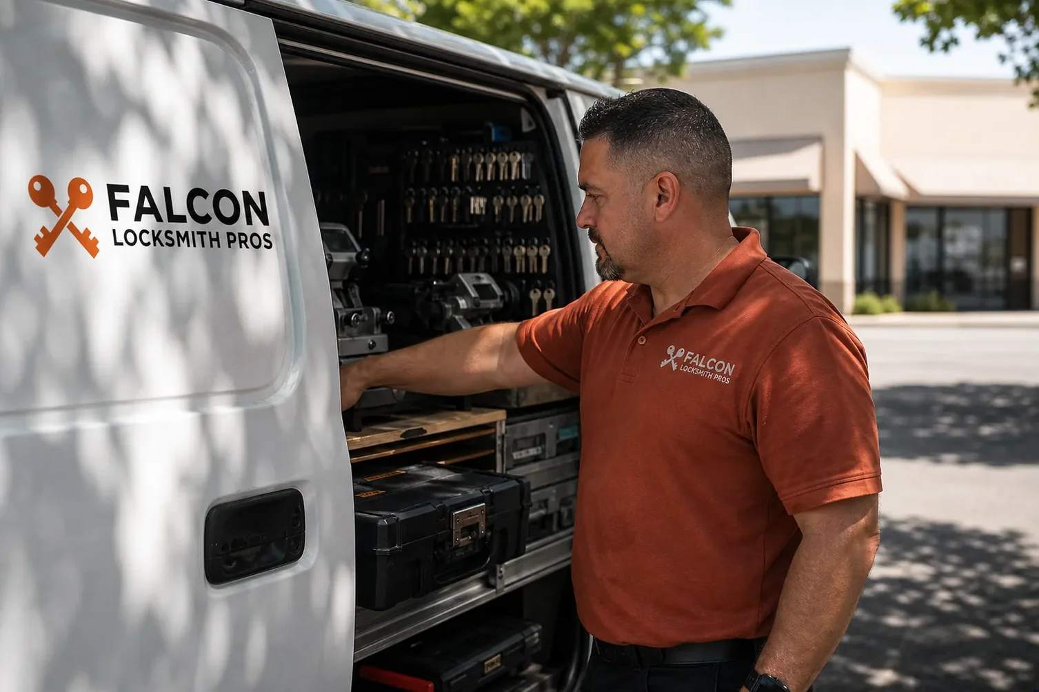 The Falcon Locksmith Pros service van, stocked for lockouts and key cutting in Kenner