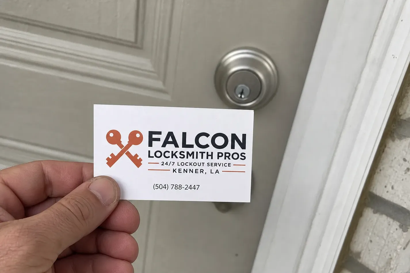 Falcon Locksmith Pros card at a job in Kenner